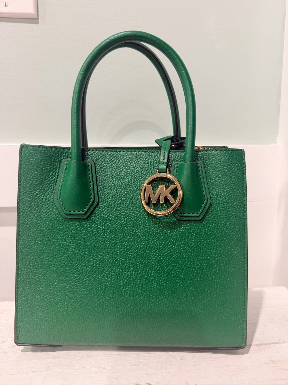 Michael Kors Green Leather Satchel with Gold MK Charm